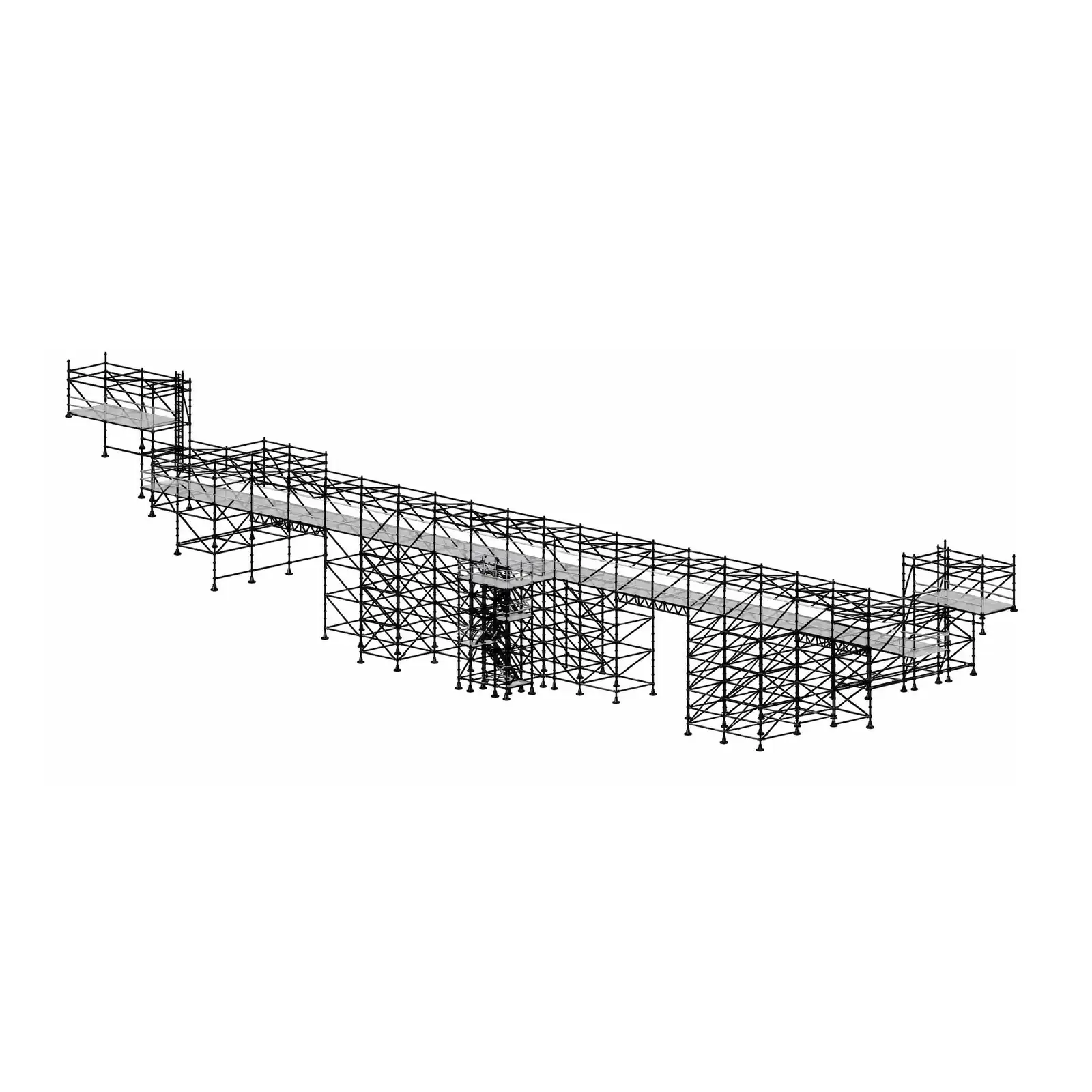 3D design drawing of a long engineered scaffold structure with bays and access towers